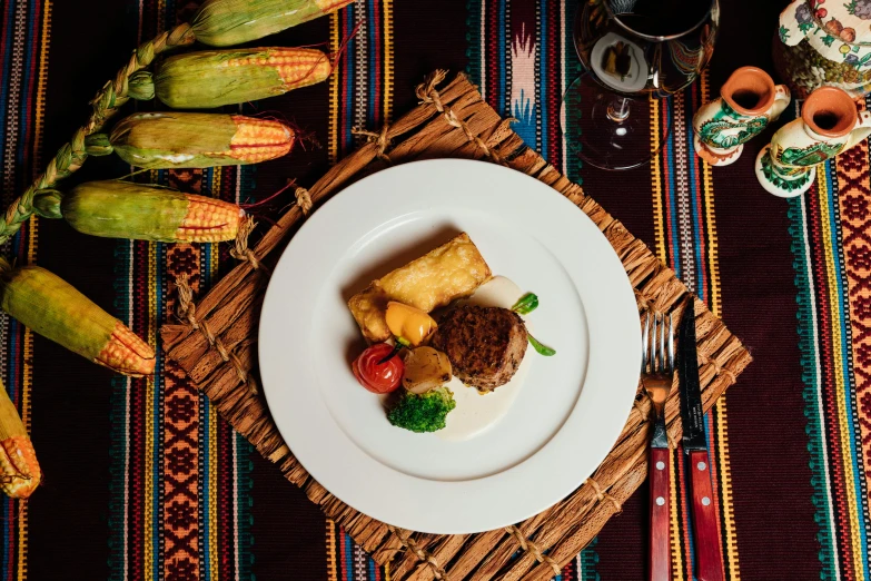 a plate of food sitting on top of a table, pexels contest winner, renaissance, patagonian, inca themed smooth, background image, kete butcher