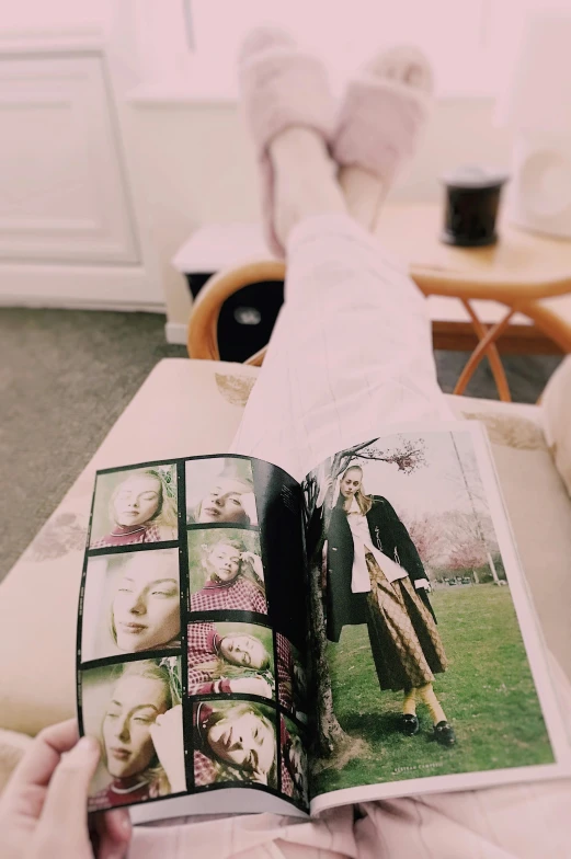 a person laying on a bed reading a book, a polaroid photo, clippings of a fashion magazine, leg shot, portrait of elle fanning, panoramic view of girl