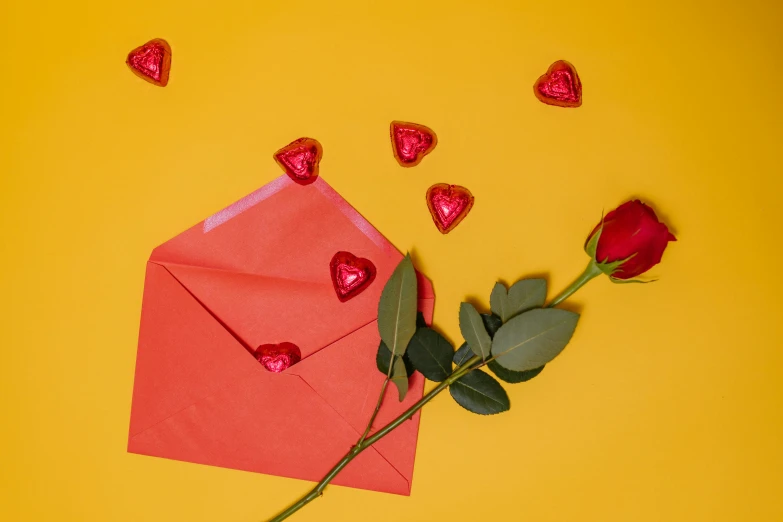 a red envelope and a red rose on a yellow background, by Julia Pishtar, pexels contest winner, candy decorations, brown and magenta color scheme, foil, thumbnail