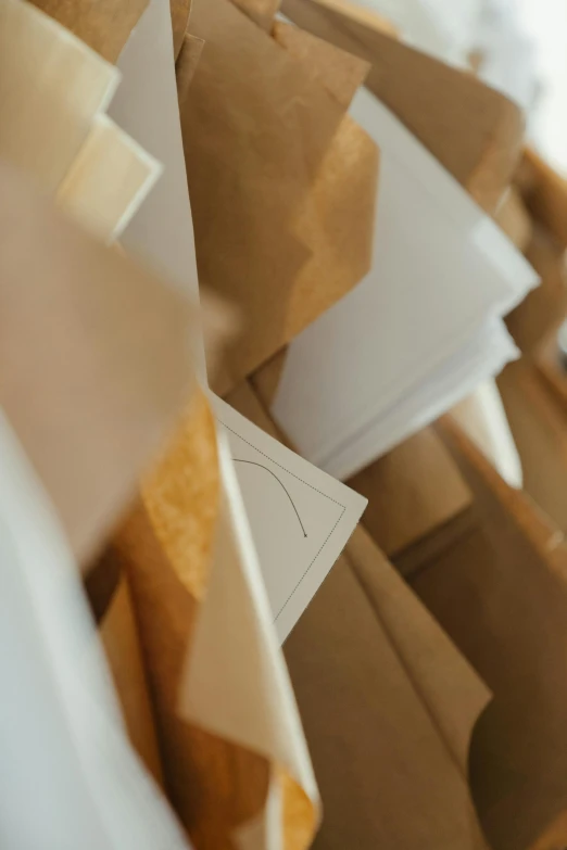 a bunch of brown paper bags sitting on top of a table, modern details, promo image, up-close, white sleeves