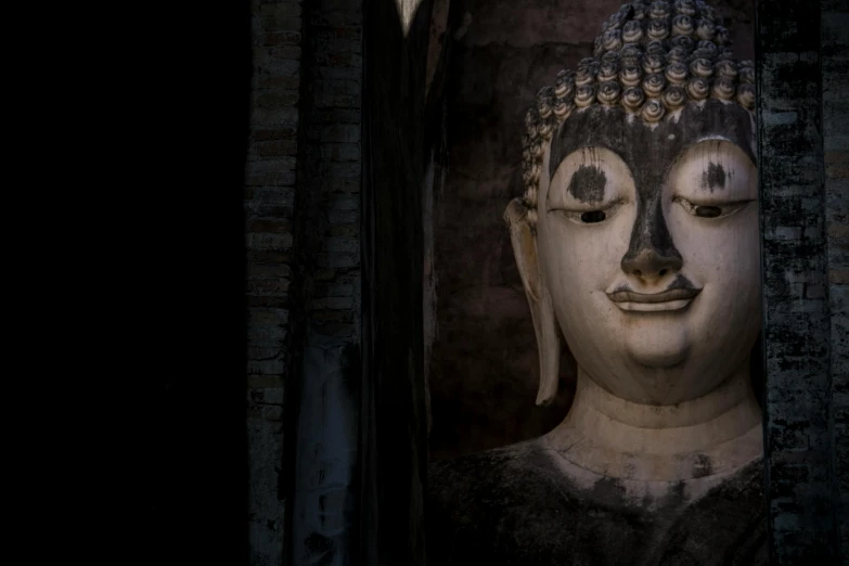 a close up of a statue of a person, pexels contest winner, buddhist architecture, portrait image, dilapidated look, full face frontal centered
