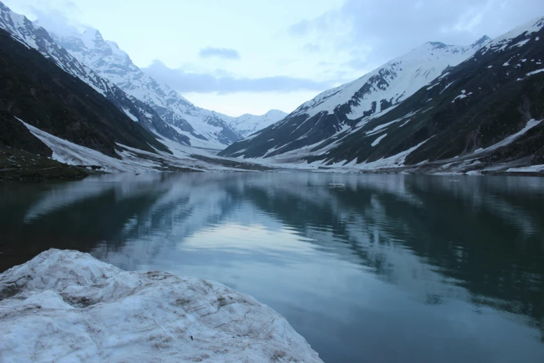 a body of water surrounded by snow covered mountains, by Muggur, pexels contest winner, hurufiyya, kyza saleem, mirror lake, fan favorite, shadar kai