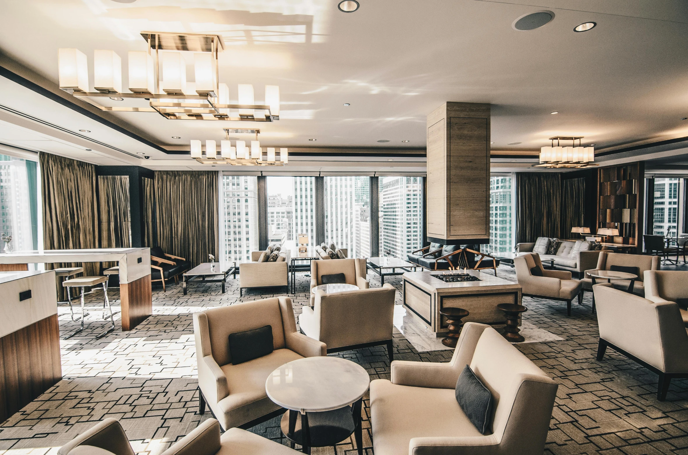 a living room filled with lots of furniture, by Austin English, unsplash contest winner, trump tower, armchairs, chicago skyline, michelin star restaurant