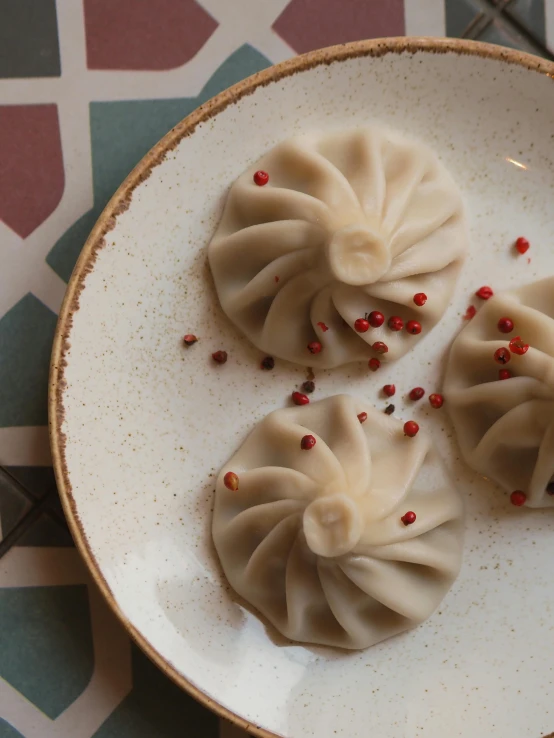 three dumplings on a plate with pepper sprinkles, a portrait, unsplash, hurufiyya, intricate art deco pasta designs, thumbnail, vanilla, 0