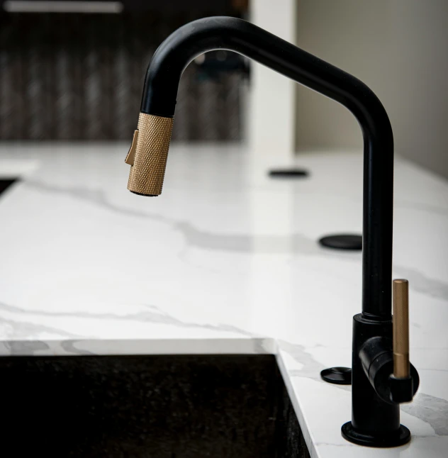 a black faucet sitting on top of a kitchen counter, inspired by George Pirie, detailed white, mixed materials, swanland, sunken