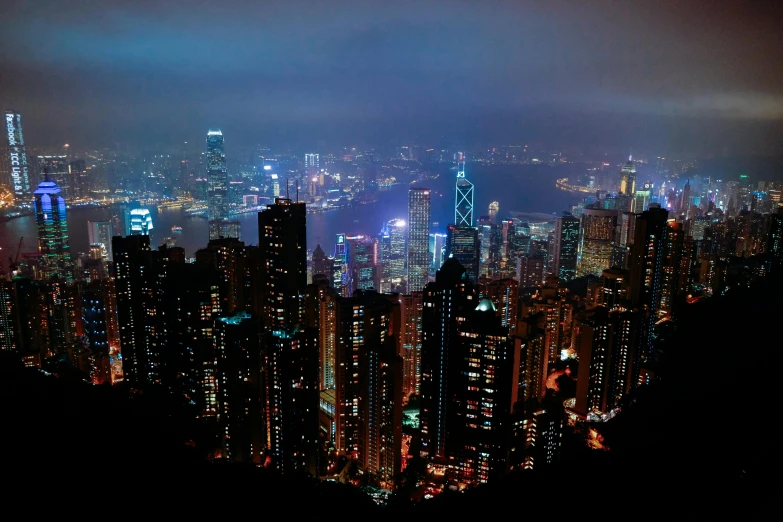 a view of a city at night from the top of a mountain, pexels contest winner, hyperrealism, hong kong buildings, vaporwave city, high resolution, 2000s photo