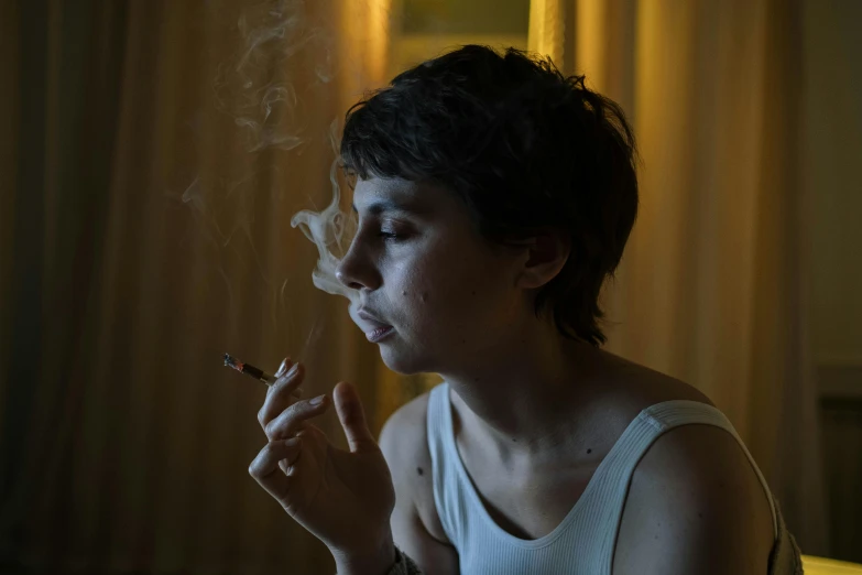 a woman smoking a cigarette in a dark room, inspired by Elsa Bleda, hyperrealism, fan favorite, lesbians, hotel room, sophia lillis