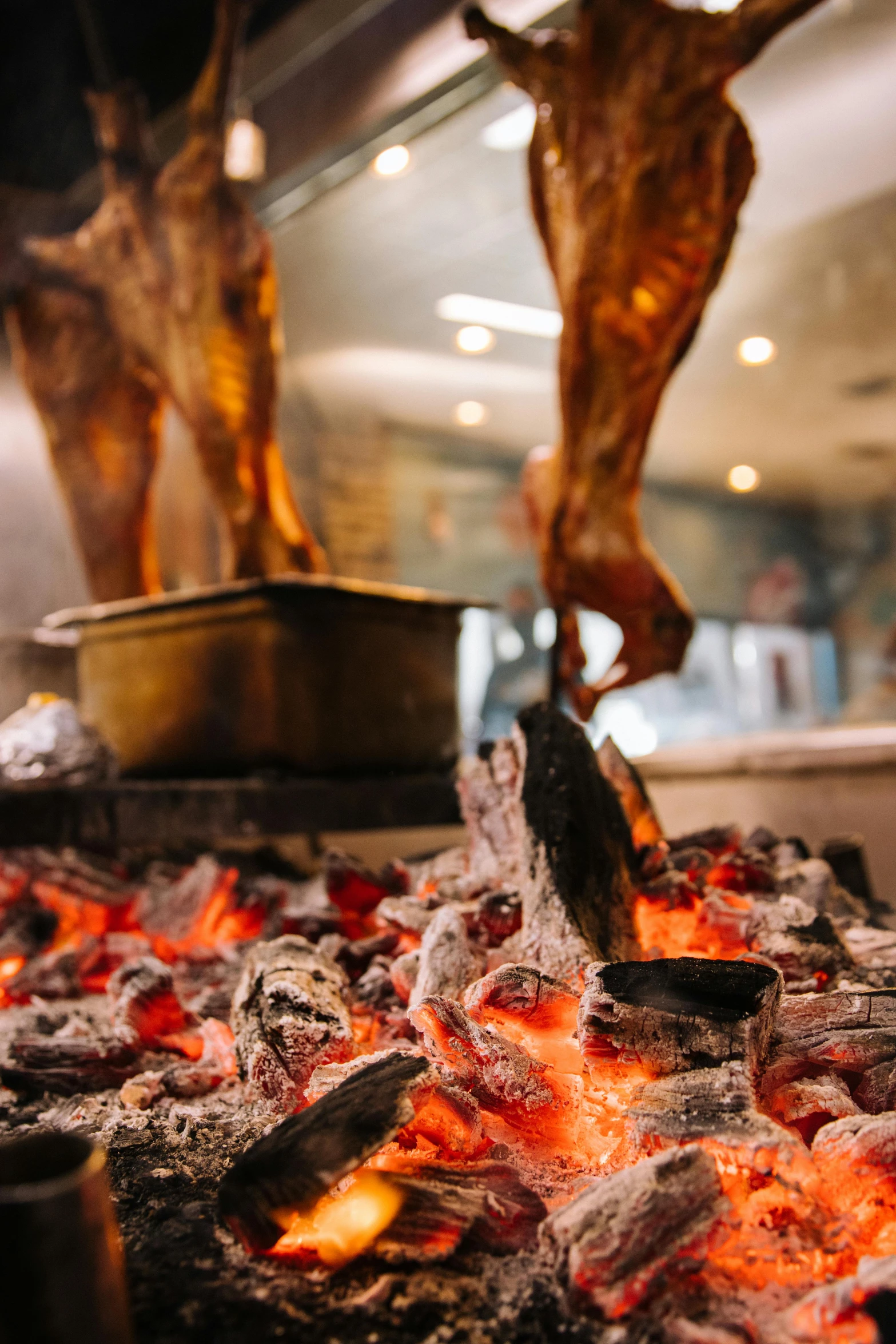 a close up of meat cooking on a grill, by Matteo Pérez, renaissance, smouldering charred timber, fish market stalls, dancing around a fire, in australia