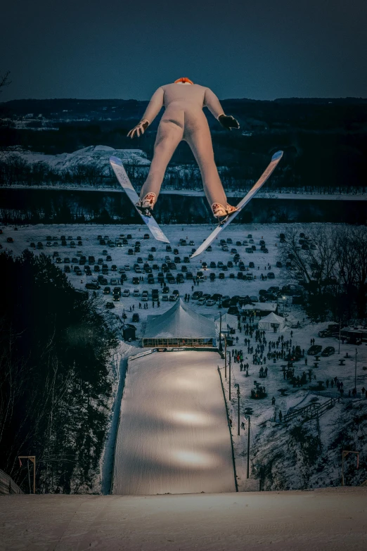 a man flying through the air while riding skis, a colorized photo, pexels contest winner, renaissance, late evening, view from above, 2 0 2 2 photo, festivals