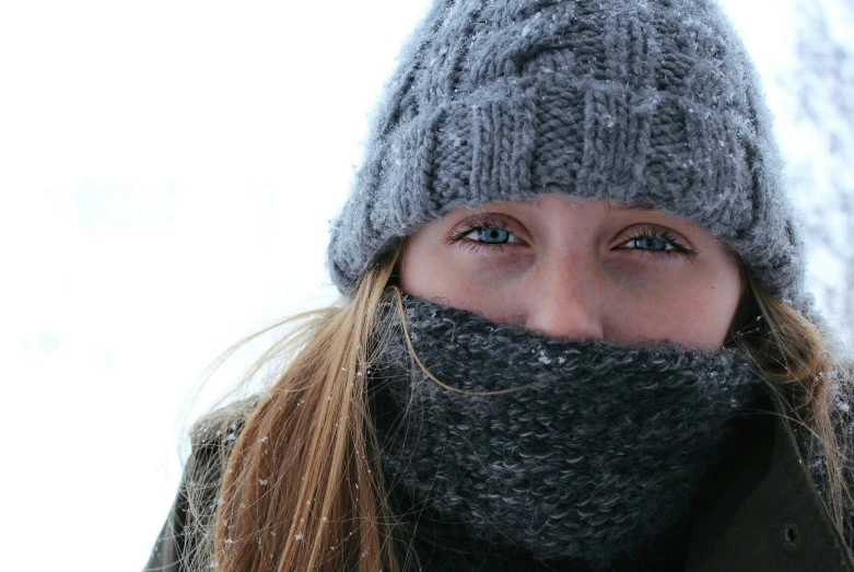 a close up of a person wearing a hat and scarf, frozen cold stare, grey, student, visor over face