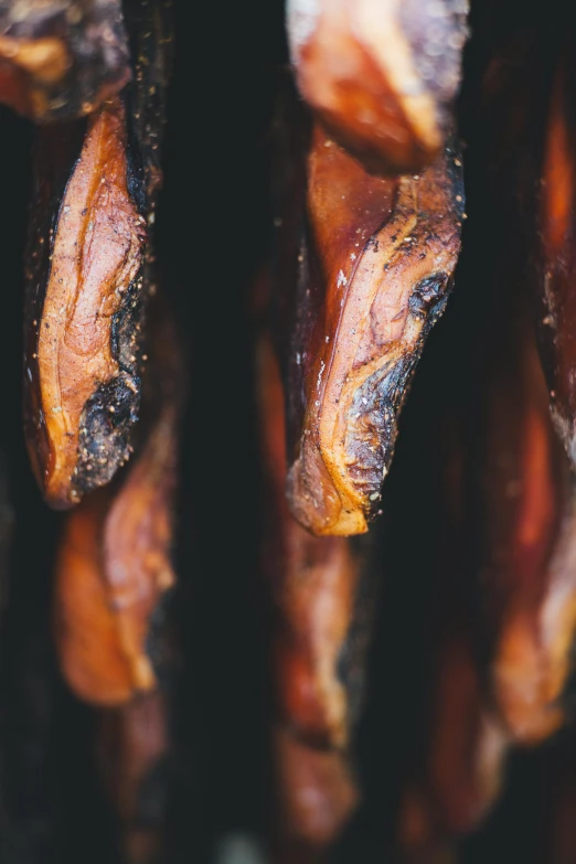 a bunch of sausages hanging from a rack, unsplash, smoked layered, skin detail, tendons, up-close