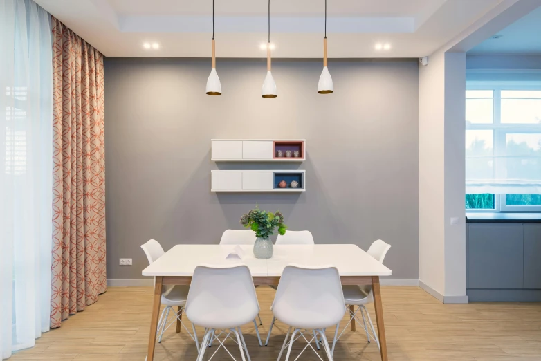 a dining room with a white table and white chairs, inspired by Constantin Hansen, pexels contest winner, light and space, doctors office, 9 9 designs, demur, corona renderer