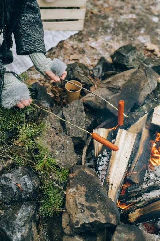 a person roasting hot dogs over an open fire, unsplash, land art, maple syrup sea, hot coffee, grey, brown