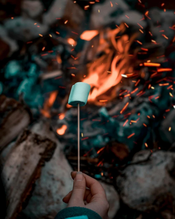 a person roasting marshmallows over a campfire, by Elsa Bleda, lollipops, 15081959 21121991 01012000 4k, magnesium, teal orange