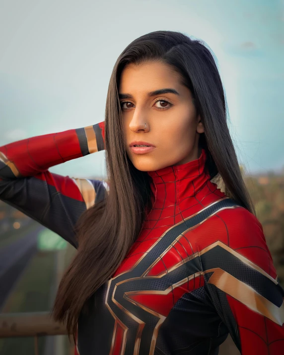 a woman in a spider - man suit posing for a picture, pexels contest winner, hurufiyya, captain marvel, mia khalifa, profile image, ironman