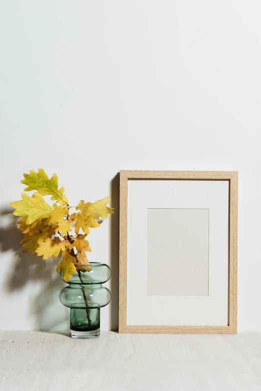 a picture frame sitting on top of a table next to a vase, trending on pexels, muted fall colors, white and yellow scheme, studio portrait photo, architectural and tom leaves
