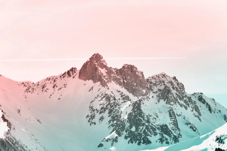 a person standing on top of a snow covered mountain, pexels contest winner, pastel pink neon, “ aerial view of a mountain, modern desktop wallpaper, skiing