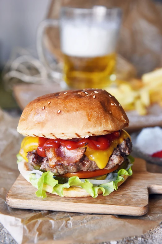 a hamburger sitting on top of a wooden cutting board, instagram, hasselblatt, hamburgers and soda, small, frontal shot