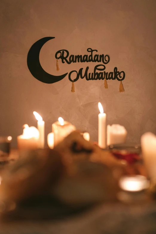 a cake sitting on top of a table covered in candles, hurufiyya, wall art, crescent moon in background, promotional image, kuntilanak
