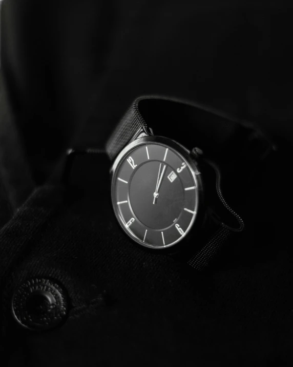 a close up of a person wearing a watch, by Jan Tengnagel, pexels contest winner, bauhaus, all black matte product, ilustration, gun metal grey, product introduction photo