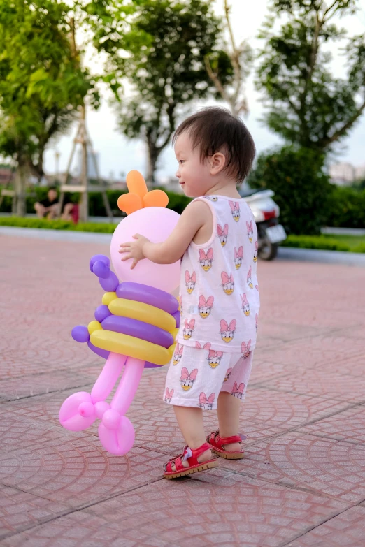 a little girl that is holding a balloon, art toys on feet, walking at the garden, xintong chen, inflateble shapes