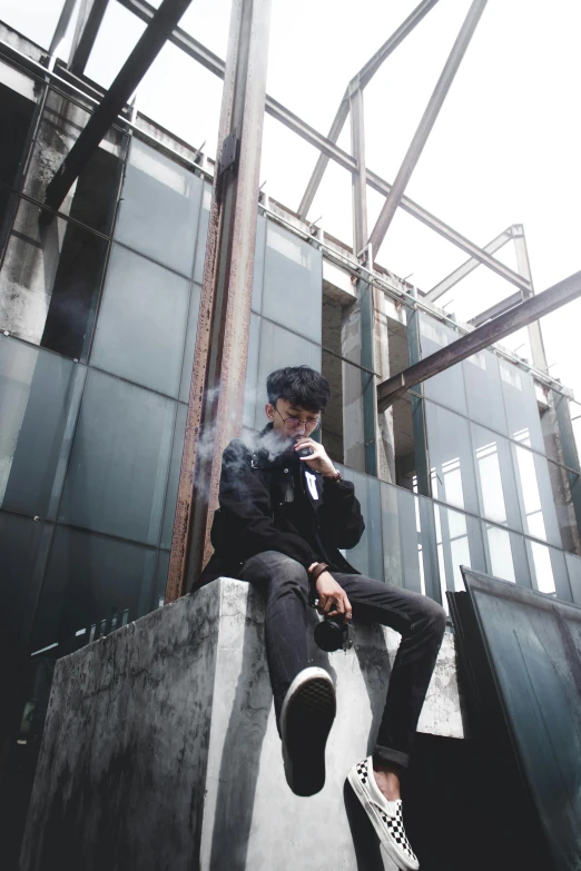 a man sitting on a ledge smoking a cigarette, inspired by Gang Hui-an, unsplash, visual art, full body pose, instagram picture, juice, firing it into a building