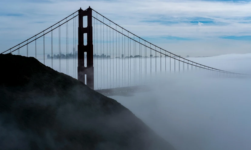a view of the golden gate bridge in the fog, by Josh Bayer, pexels contest winner, hurufiyya, slide show, 2 0 2 2 photo, ignant, low angle 8k hd nature photo