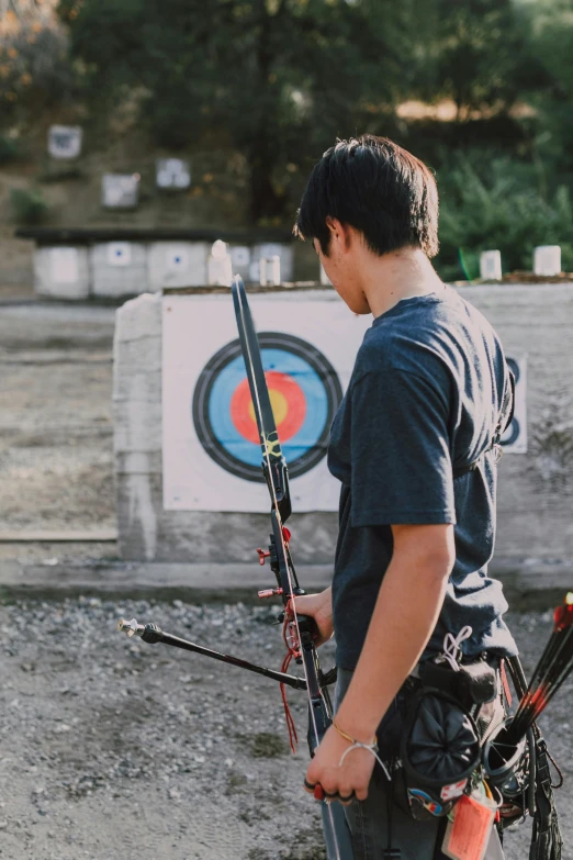 a couple of young men standing next to each other, by Kristian Zahrtmann, pexels contest winner, realism, archery, panoramic shot, teen boy, instagram story