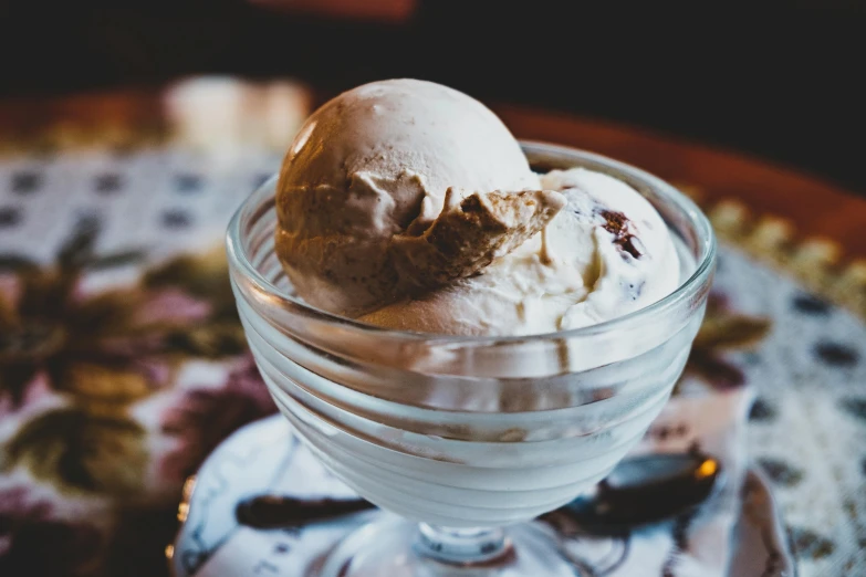 a glass bowl filled with ice cream on top of a table, a portrait, unsplash, renaissance, “ iron bark, background image, olive garden, sydney hanson