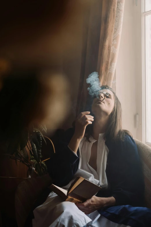 a woman sitting on a couch smoking a cigarette, inspired by Elsa Bleda, pexels contest winner, renaissance, pot leaf, profile image, puffs of smoke, lush surroundings