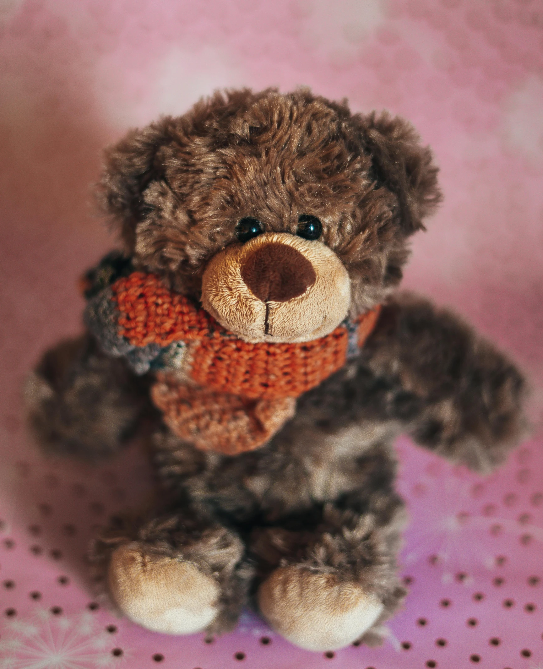 a close up of a teddy bear wearing a scarf, by Anna Findlay, mini model, brown, celebration, detailed product shot