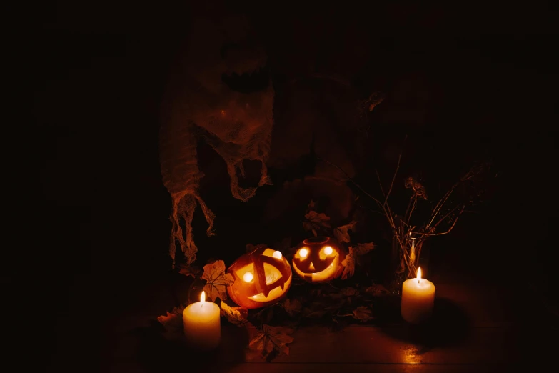 a couple of pumpkins sitting on top of a table, pexels contest winner, vanitas, lit up, ☁🌪🌙👩🏾, group photo, scaring