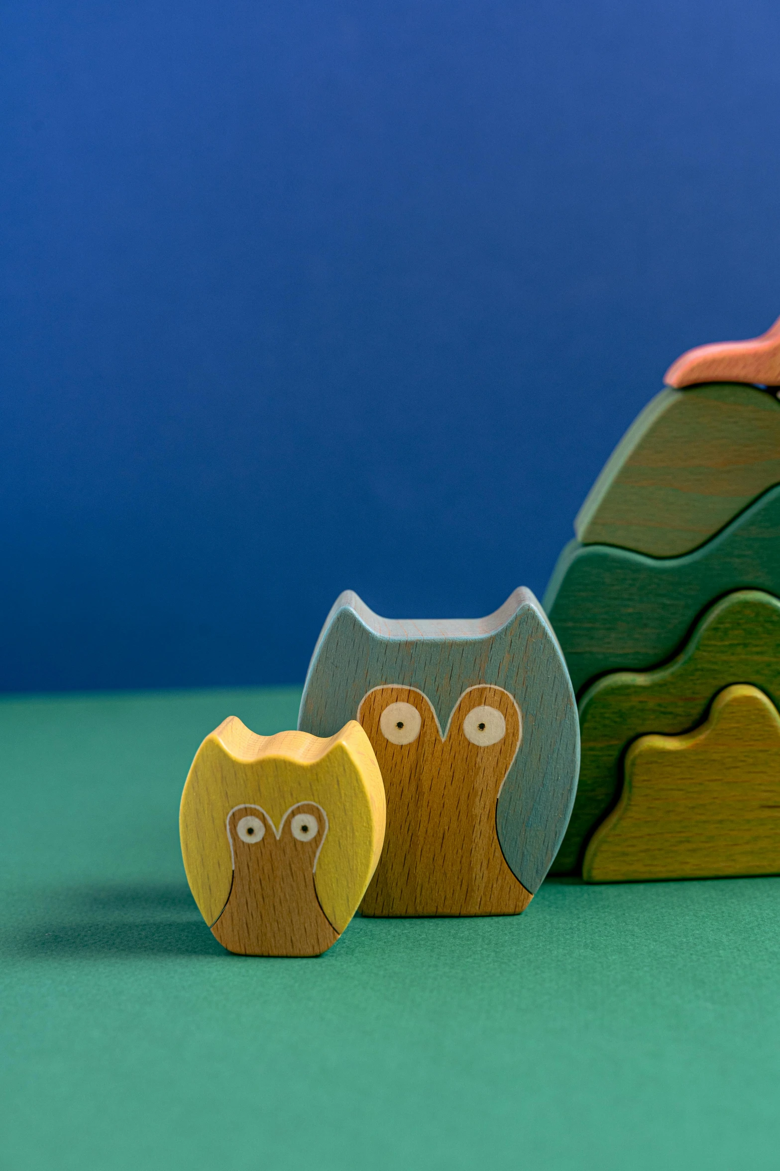 a group of wooden toys sitting on top of a table, mythical floral hills, owl, detail shot, terrain