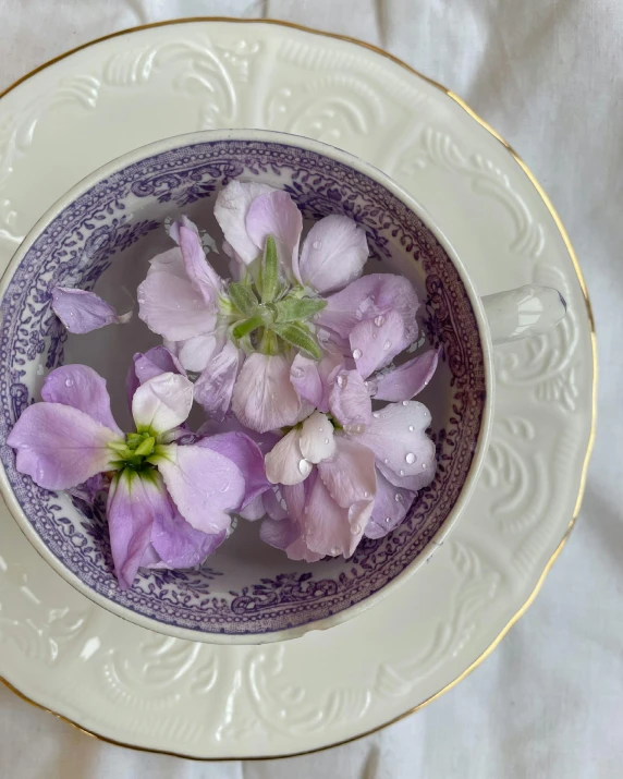 a close up of a plate with flowers in it, by Felicity Charlton, pexels contest winner, renaissance, purple water, clover, with a soft, 1900s