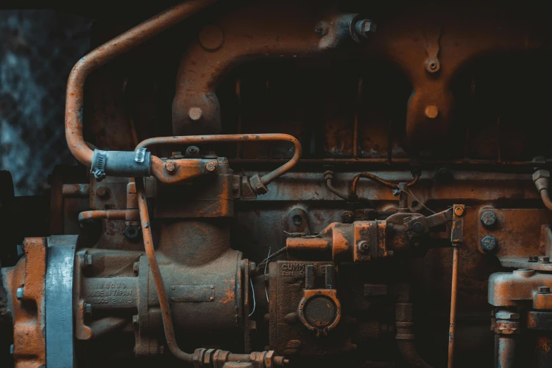 a close up of a engine on a train, by Adam Marczyński, pexels contest winner, renaissance, rust background, faded worn, hoses:10, industrial colours