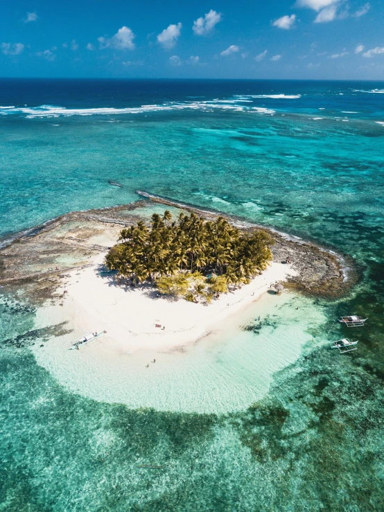 a small island in the middle of the ocean, by Julia Pishtar, pexels contest winner, carribean white sand, drone point of view, coconut palms, slide show