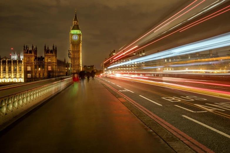 the big ben clock tower towering over the city of london, by Jay Hambidge, pexels contest winner, visual art, traffic with light trails, thumbnail, 2070, plain background