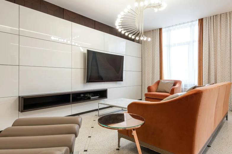 a living room filled with furniture and a flat screen tv, inspired by Bauhaus, modernism, neo kyiv, white and orange, uhd upscale, high quality photos