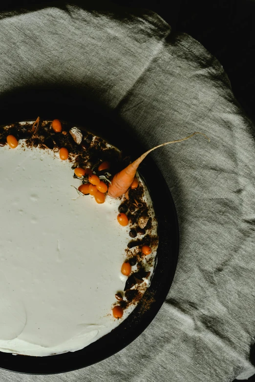 a cake sitting on top of a plate on a table, by Carey Morris, carrot, seeds, close-up from above, ignant