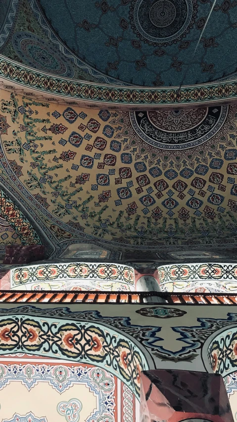 a close up of a ceiling with a clock on it, a digital rendering, inspired by Osman Hamdi Bey, shading in vray, tiled roofs, demur, tent architecture