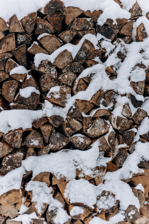 a pile of chopped wood covered in snow, by Jesper Knudsen, pexels contest winner, fan favorite, 4 k detail, chocolate, high textures