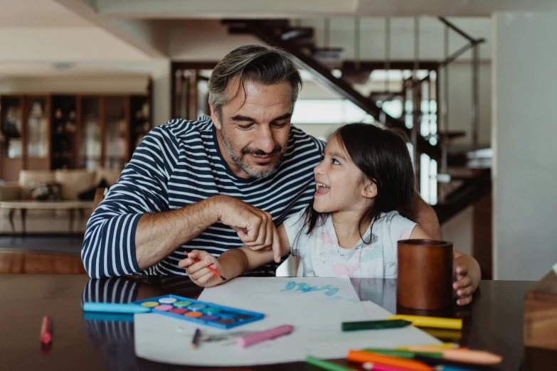 a man sitting at a table with a little girl, a child's drawing, pexels contest winner, avatar image, high quality image, 45 years old men, confident looking