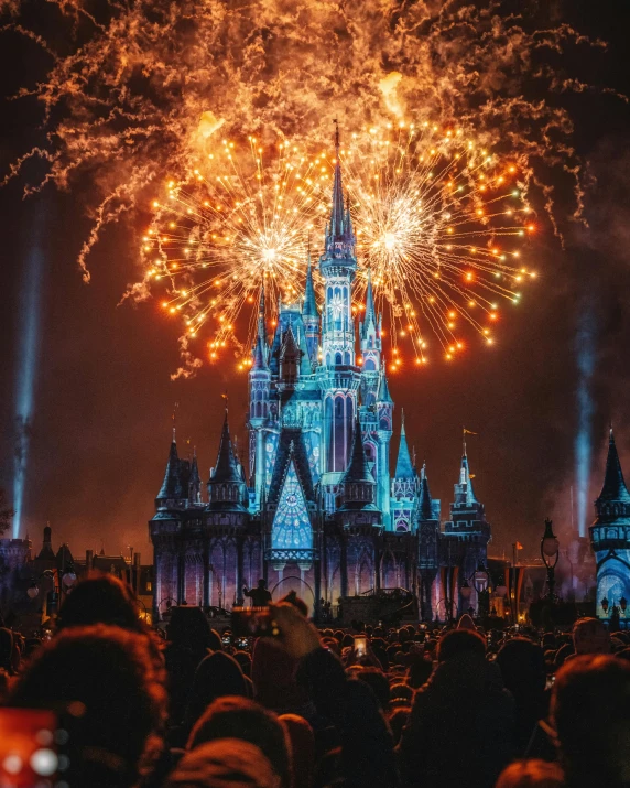 a castle that is lit up with fireworks, inspired by disney, pexels contest winner, lgbtq, vintage photo, thumbnail, disney movie poster