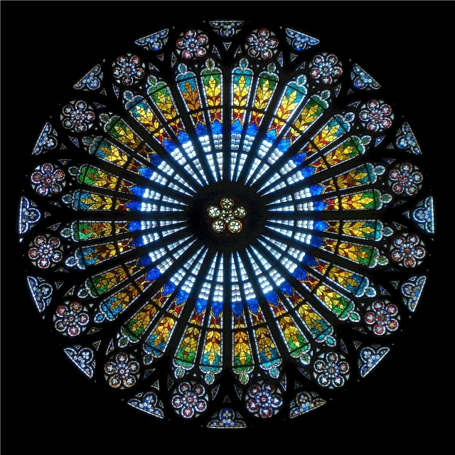 a large stained glass window inside of a building, a digital rendering, inspired by Barthélemy d'Eyck, flickr, beautiful black blue yellow, rosette, dome, breathtaking masterpiece of art