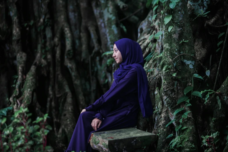 a woman sitting on a bench in front of a tree, inspired by Nazmi Ziya Güran, pexels contest winner, hurufiyya, dark purple garments, malaysia jungle, islamic, thoughtful )