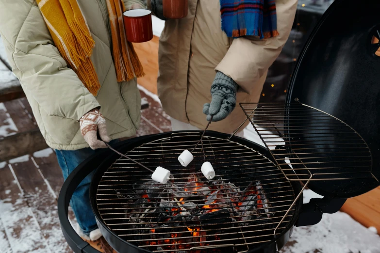 a couple of people cooking marshmallows on a grill, pexels contest winner, hurufiyya, frostbite 3 engine, australian, crisp details, round-cropped