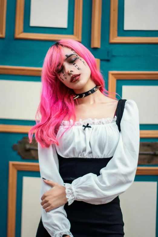 a woman with pink hair standing in front of a door, inspired by Louis Grell, trending on pexels, gothic art, cosplay of a catboy! maid! dress, square, ulzzang, beautiful frankenstein