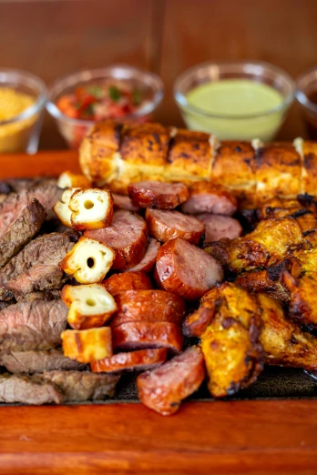 a wooden cutting board topped with meat and veggies, by Daniel Lieske, dau-al-set, colombian, smoky, multi-part, braavos