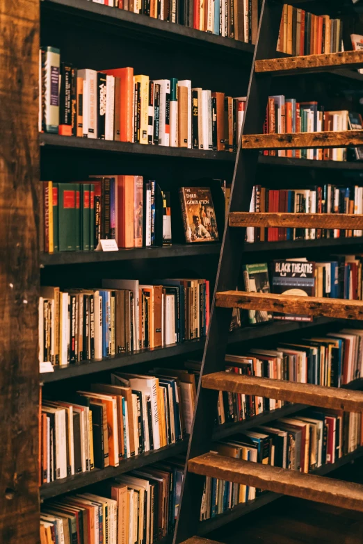 a bookshelf filled with lots of books next to a stair case, by Konrad Witz, trending on unsplash, arts and crafts movement, cronenberg bookshop, whistler, “ iron bark, simple wood shelves