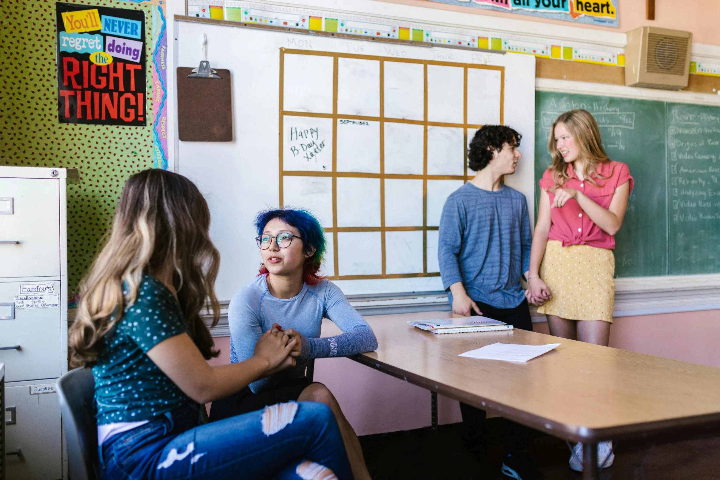a group of people sitting around a table in a classroom, by Meredith Dillman, trending on pexels, ashcan school, teenage girl, sydney sweeney, calmly conversing 8k, juno promotional image